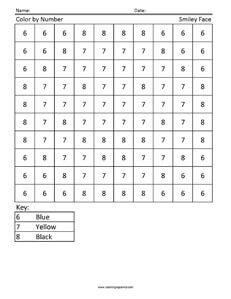 Smiley Face- Color by Number Kindergarten Worksheets coloring