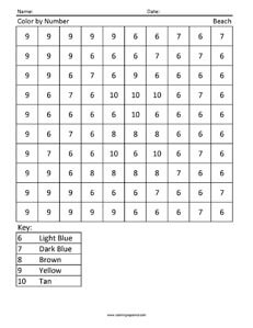 Beach- Color by Number Kindergarten Worksheets coloring