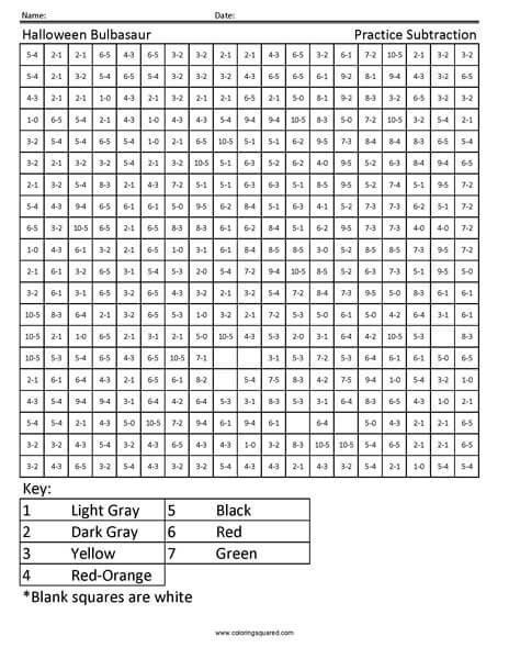 Halloween Bulbasaur Subtraction worksheet