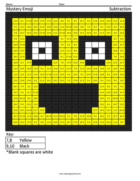 Square Surprise- Emoji Subtraction coloring activity