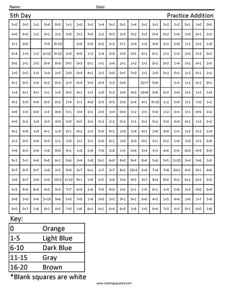 5th Day Addition Coloring Page worksheet