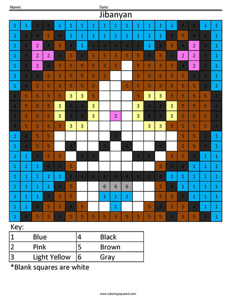 Jibanyan Yokai Watch Color by Number Cartoon Coloring