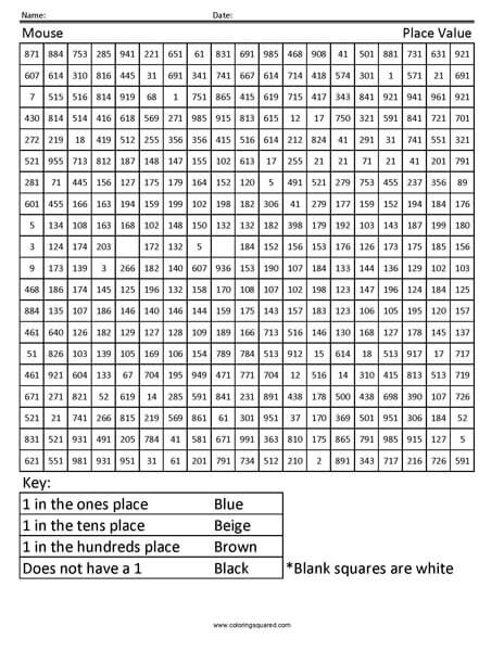 Mouse Place Value Coloring worksheet