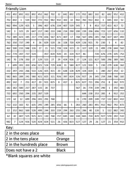 Friendly Lion Place Value worksheet