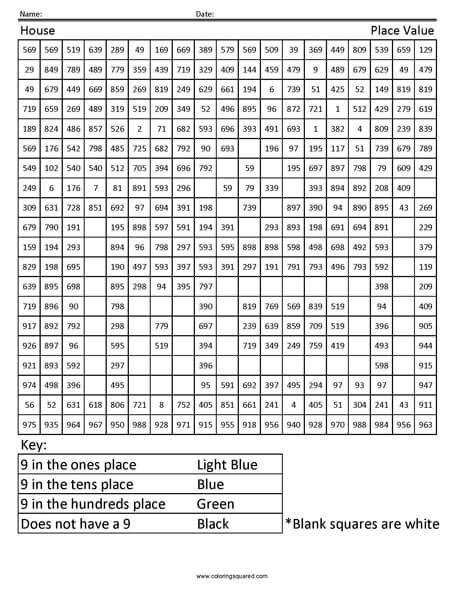 House Place Value Coloring worksheet
