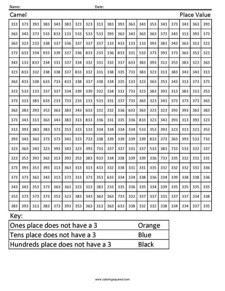 Camel Place Value Coloring worksheet