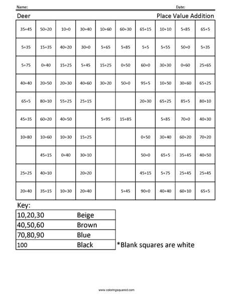 Deer Place Value Coloring worksheet