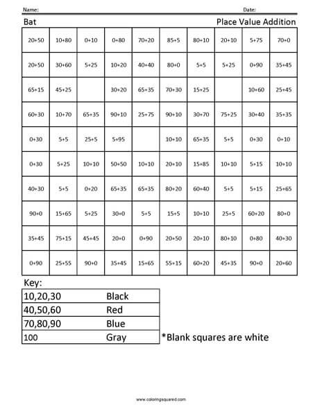 Bat Place Value Coloring worksheet