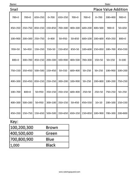 Snail Place Value Coloring worksheet