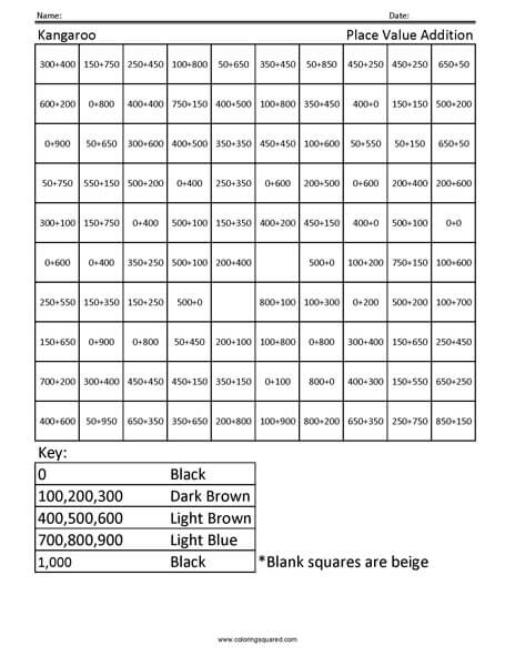 Kangaroo Place Value Coloring worksheet