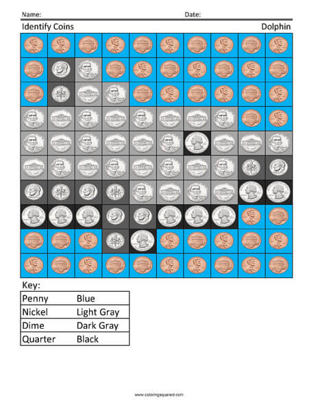 Dolphin Coins Kindergarten Coloring worksheet