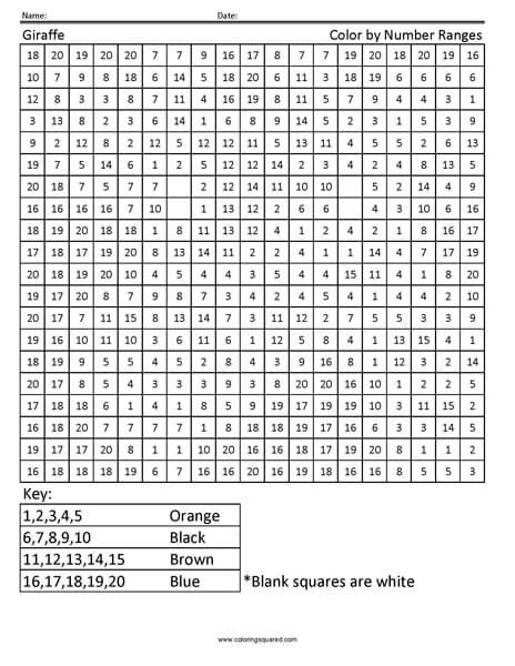 Giraffe Coloring Numbers worksheet