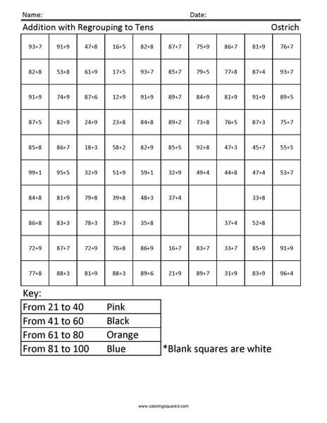 Ostrich Addition Regrouping worksheet