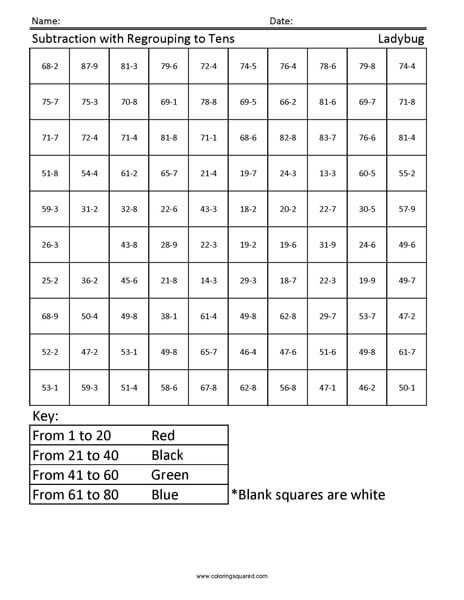 Ladybug Subtraction Regrouping worksheet