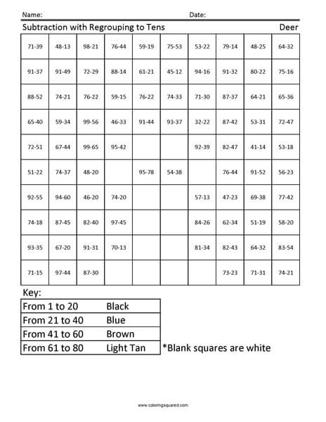 Deer Subtraction Regrouping worksheet