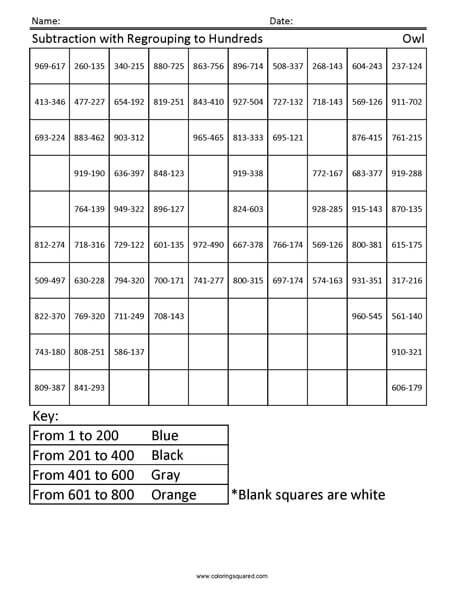 Owl Subtraction Regrouping worksheet
