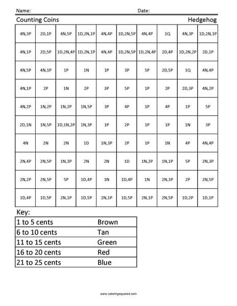 Hedgehog Coins 2nd Grade worksheet