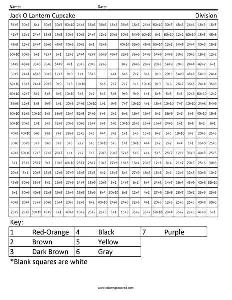 Jack O Lantern Cupcake Division Coloring worksheet