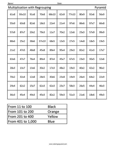 Pyramid Multiplication with Regrouping 4th Grade Coloring Page