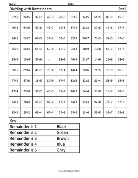 Snail Advanced Division Coloring worksheet