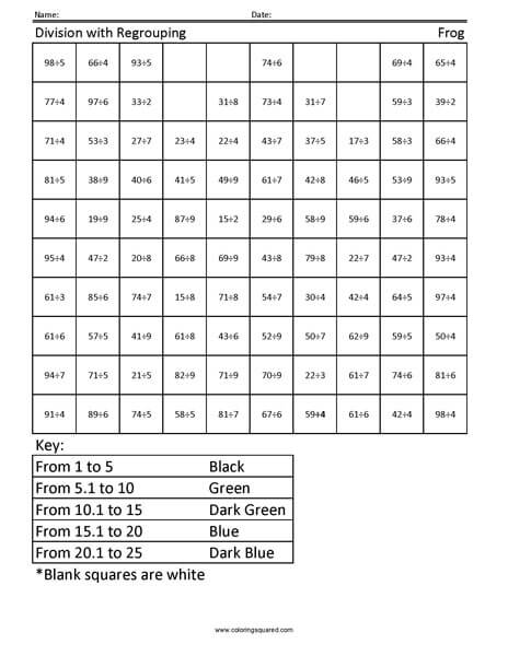Frog Advanced Division Coloring worksheet