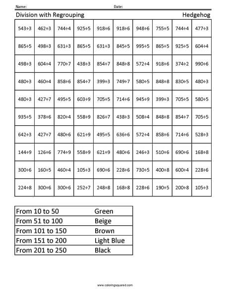 Hedgehog Advanced Division worksheet