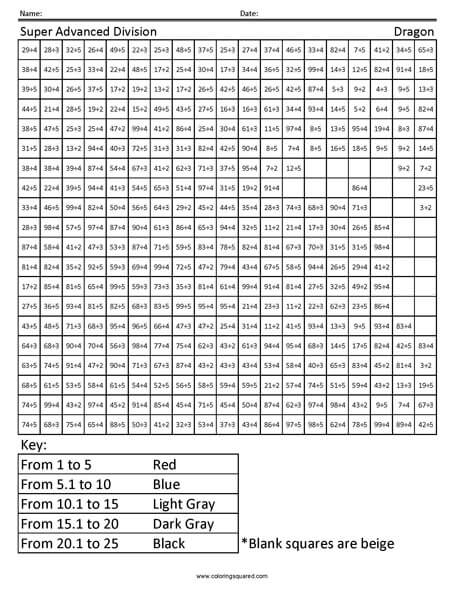 Dragon Advanced Division Coloring Page worksheet