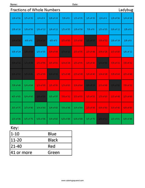 Fractions of Whole Number- Ladybug 5 Grade Math Computations