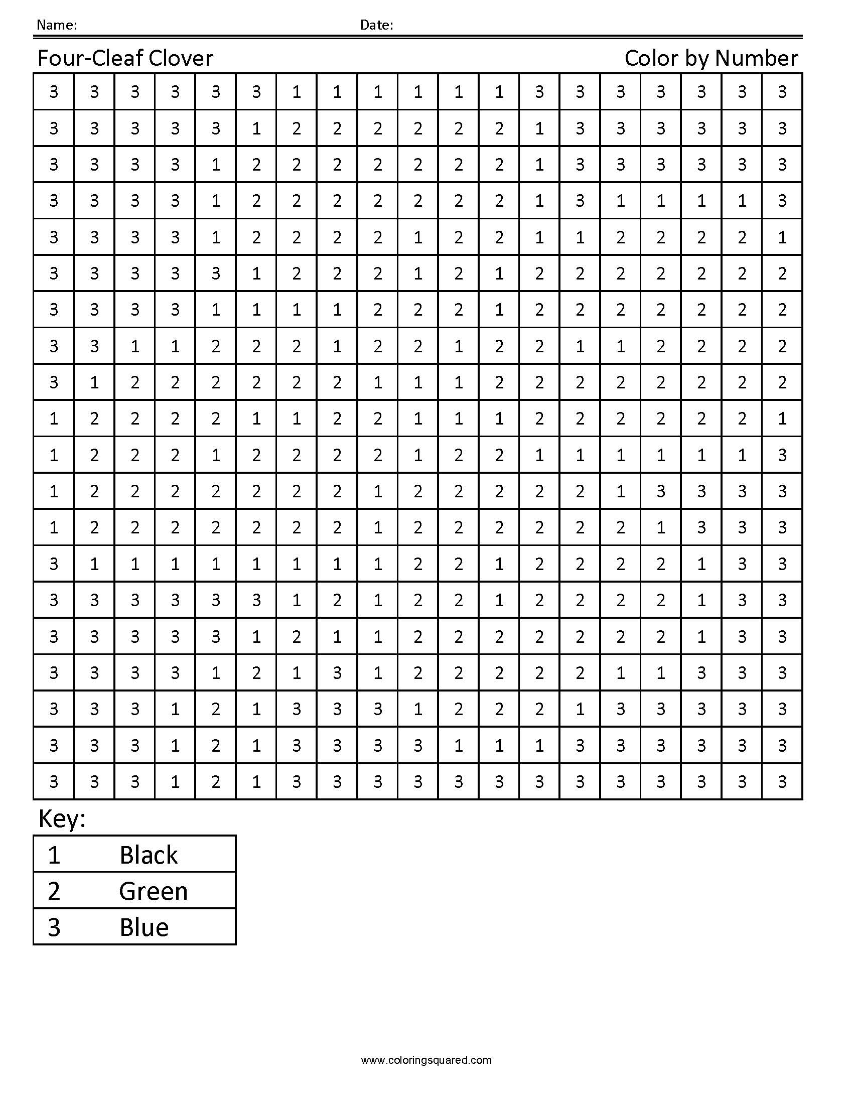 Four-leaf Clover- Holiday Color by Number worksheet
