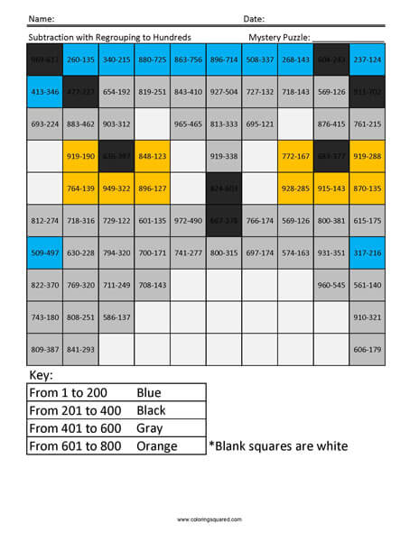 Owl Subtraction Mystery Coloring answer key