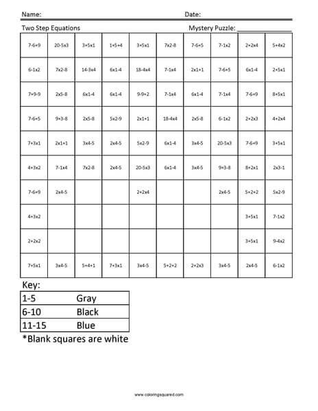 Equations Puppy Mystery Coloring worksheet