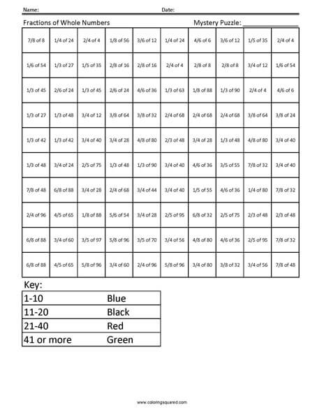 Whole Number Fractions Ladybug Mystery Math worksheet