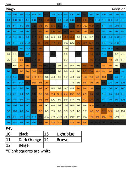 Bingo- Basic Addition Cartoon Coloring