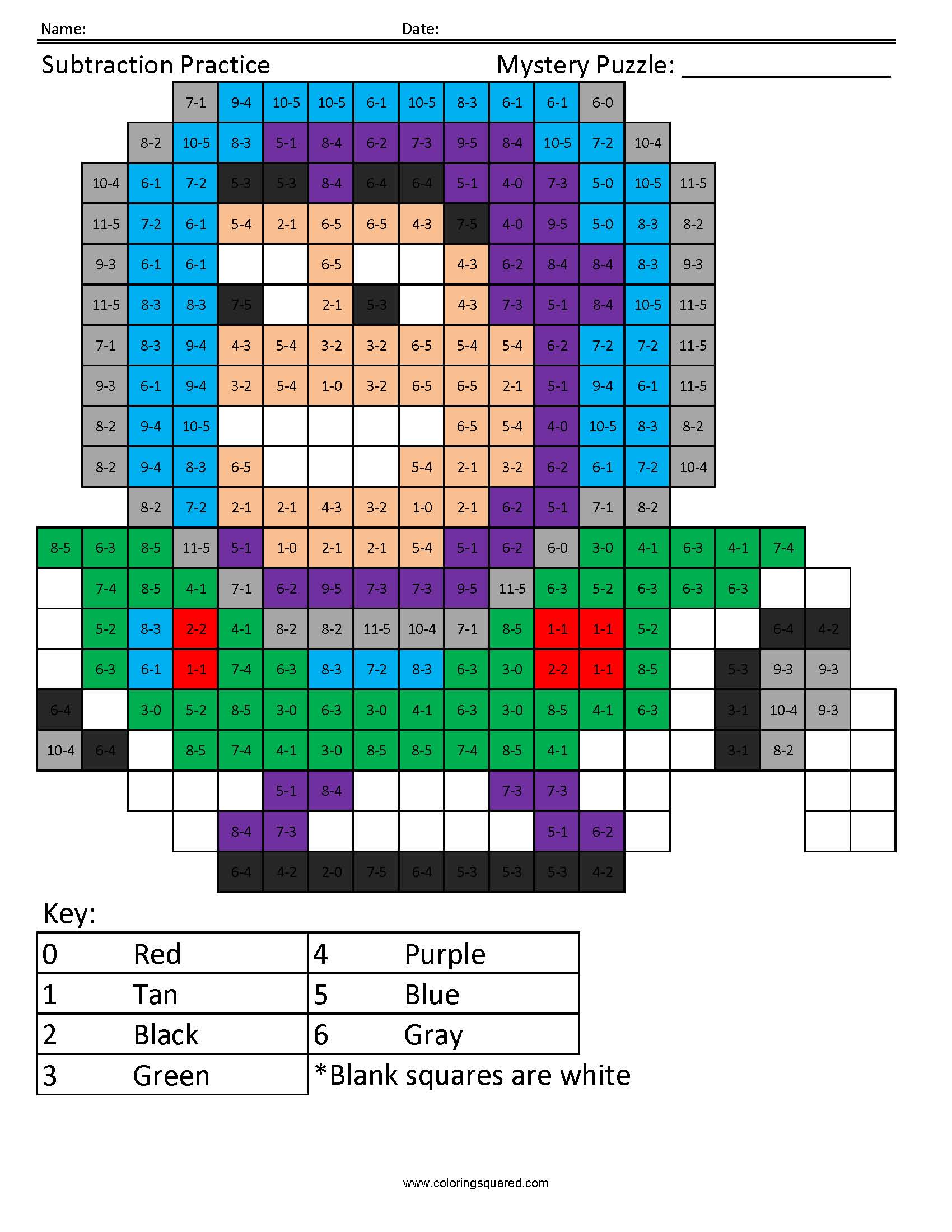 Buzz Lightyear Mystery Subtraction Coloring answer key