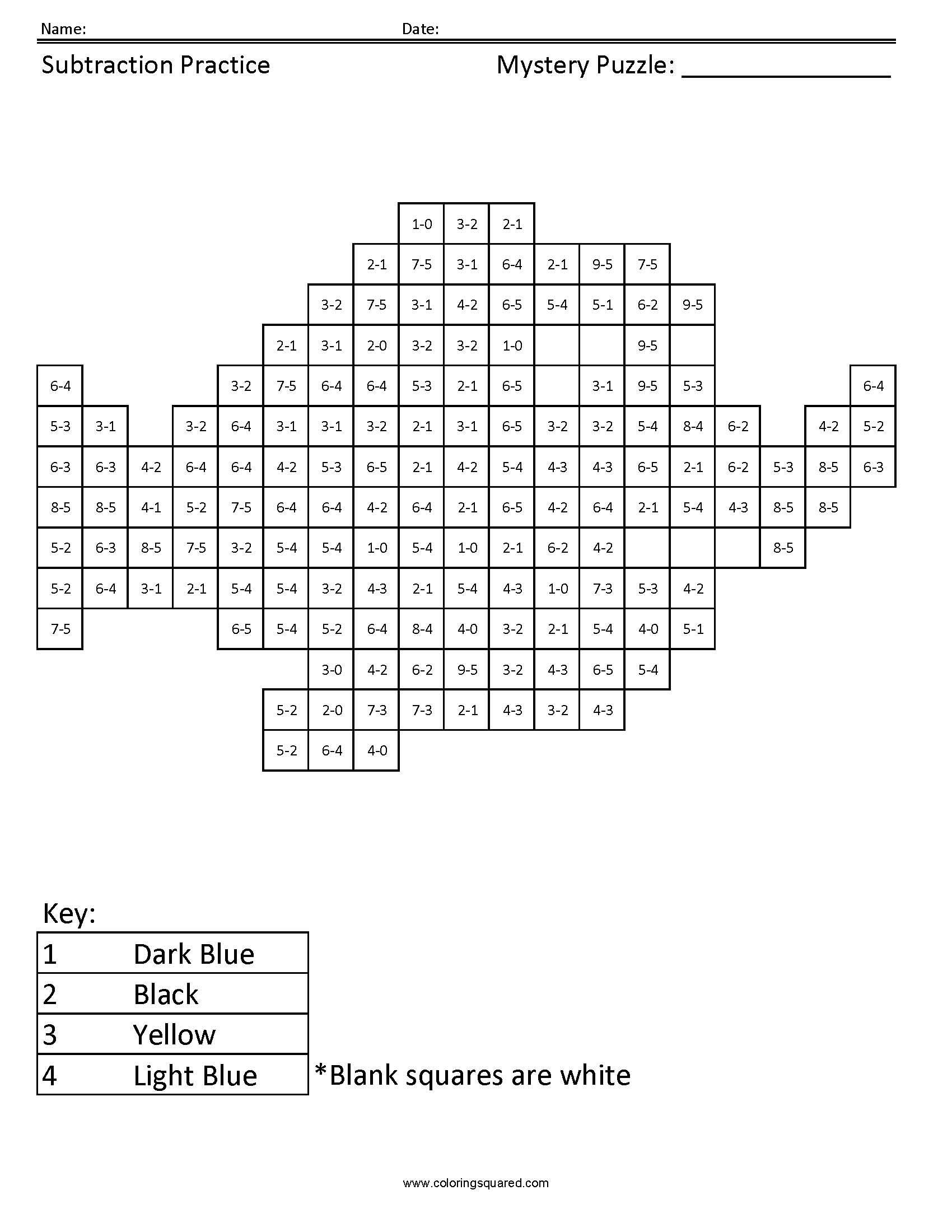 Dory Mystery Subtraction Coloring Puzzle worksheet