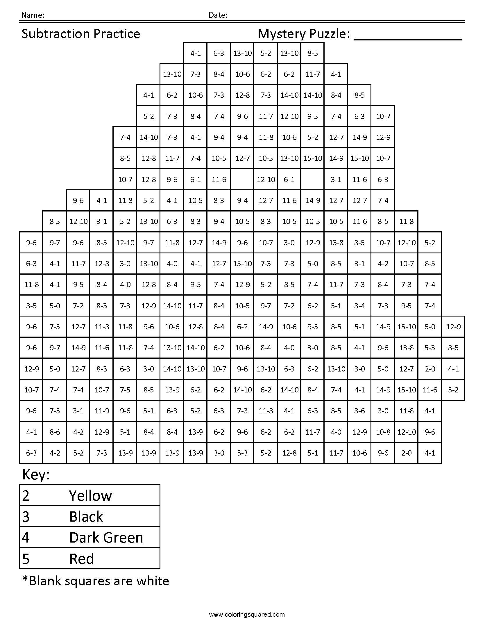 Vision Mystery Subtraction Coloring Page worksheet