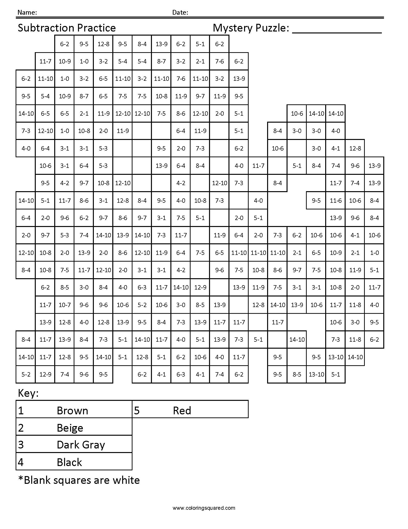Hawkeye Subtraction Mystery Coloring Page worksheet