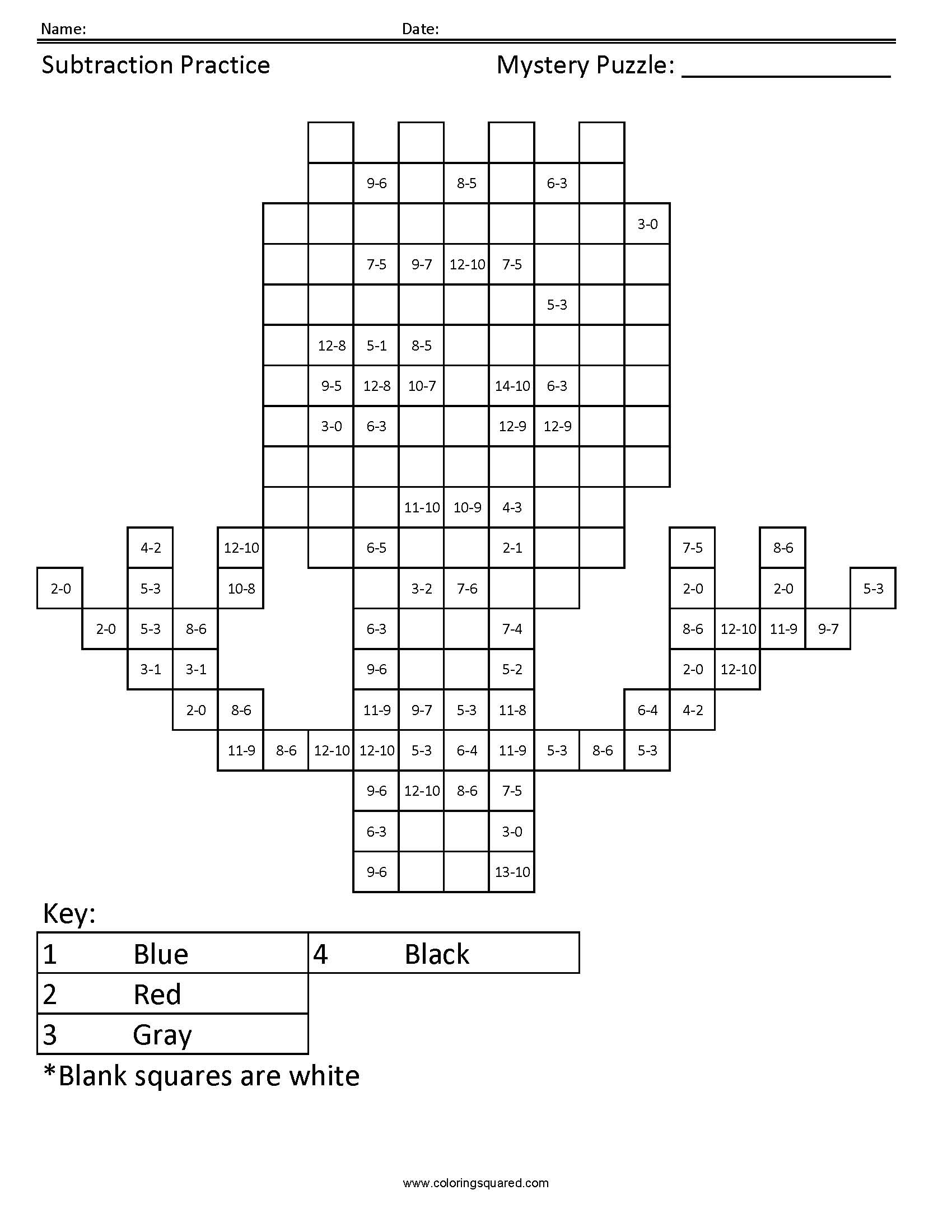 Forky Mystery Subtraction Coloring Puzzle worksheet