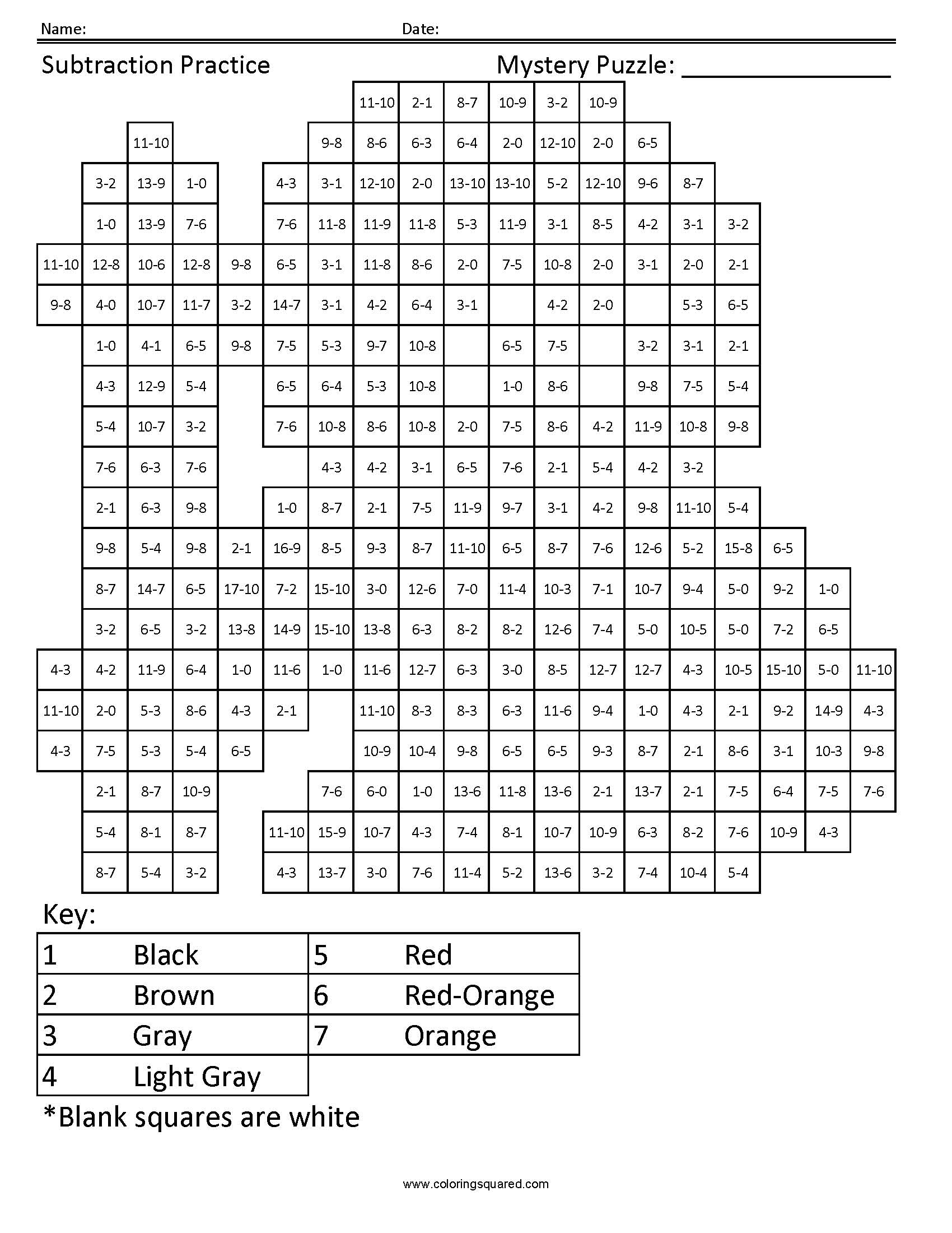 Okoye Mystery Subtraction Coloring Page worksheet
