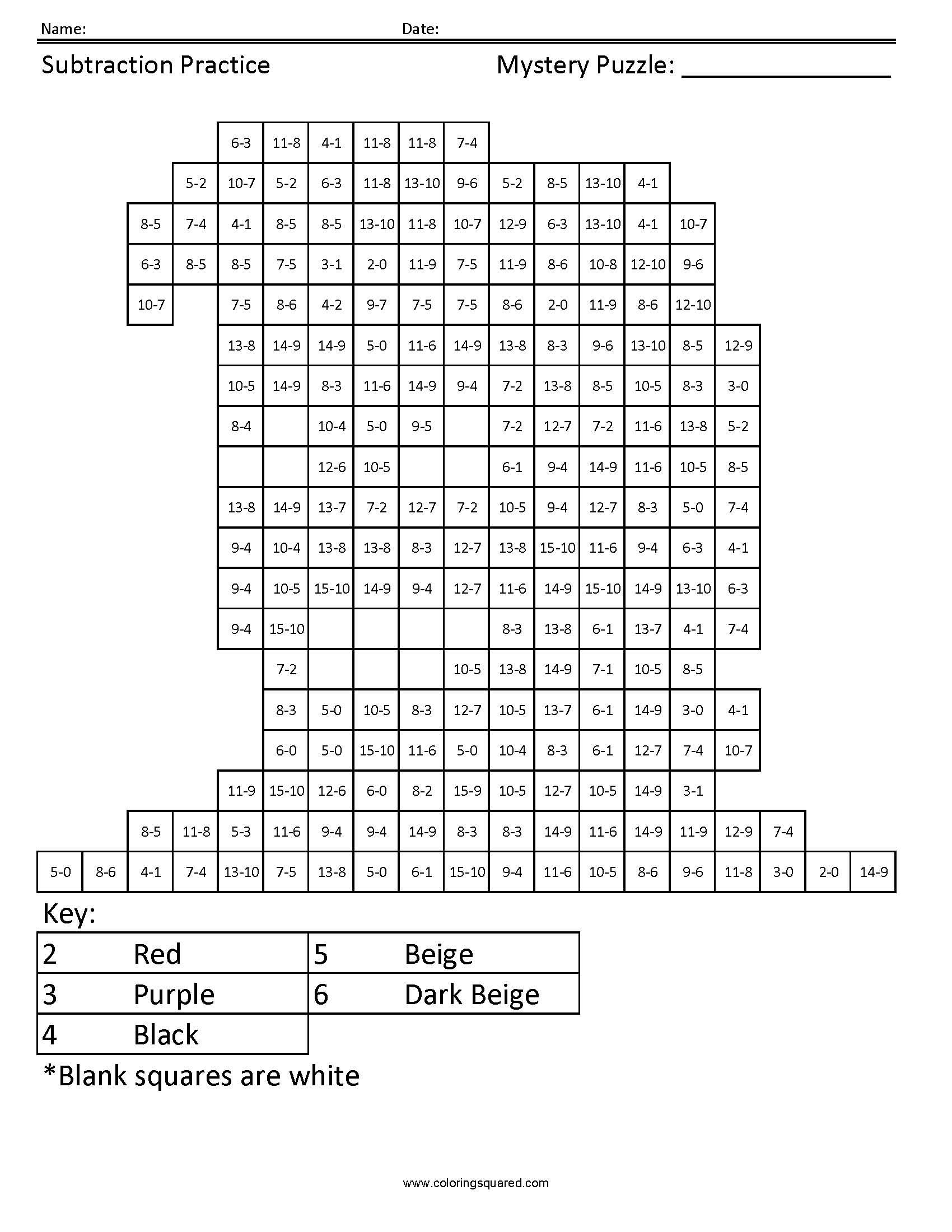 Hercules Mystery Subtraction Coloring Puzzle worksheet
