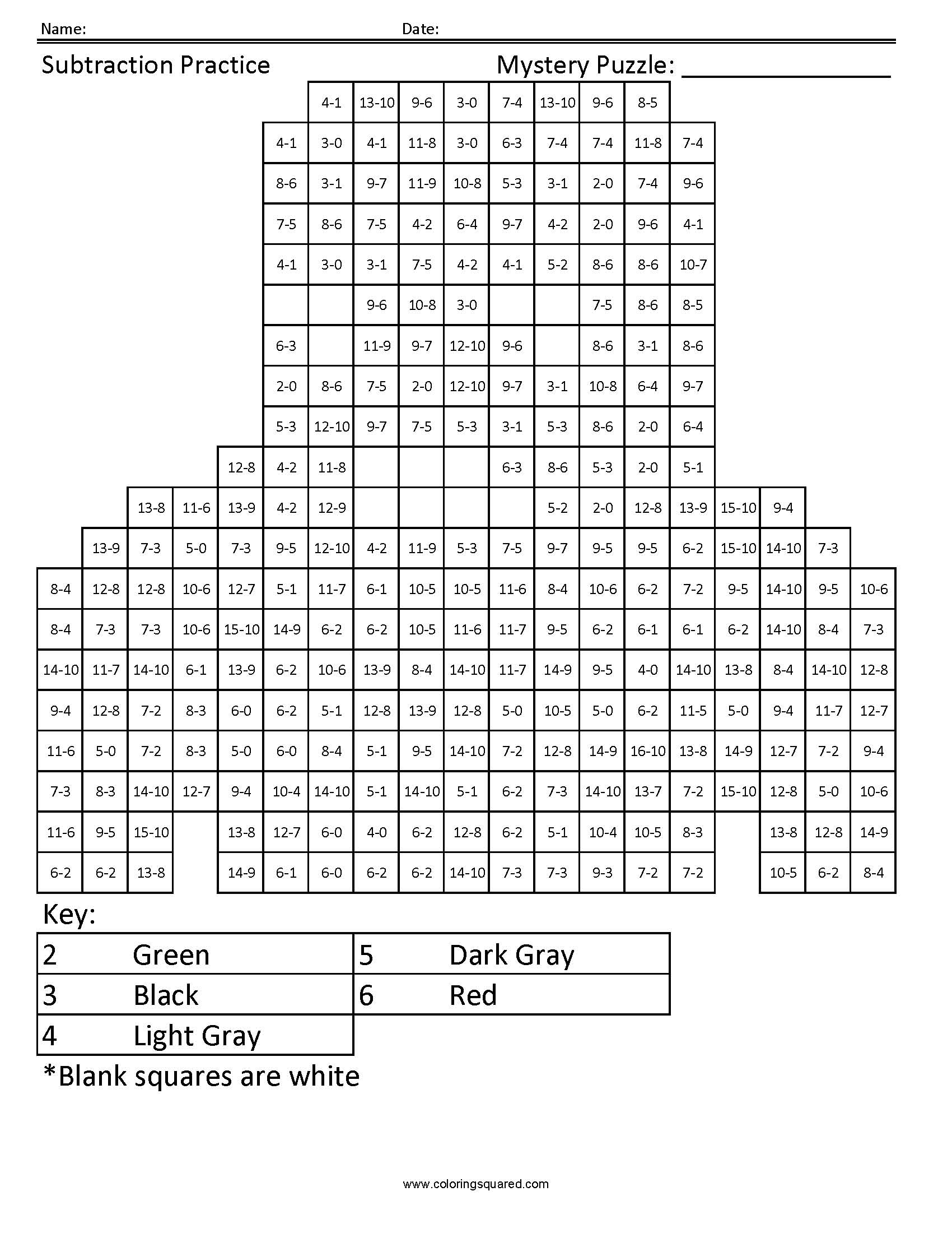 Hulk Mystery Subtraction Coloring Page worksheet
