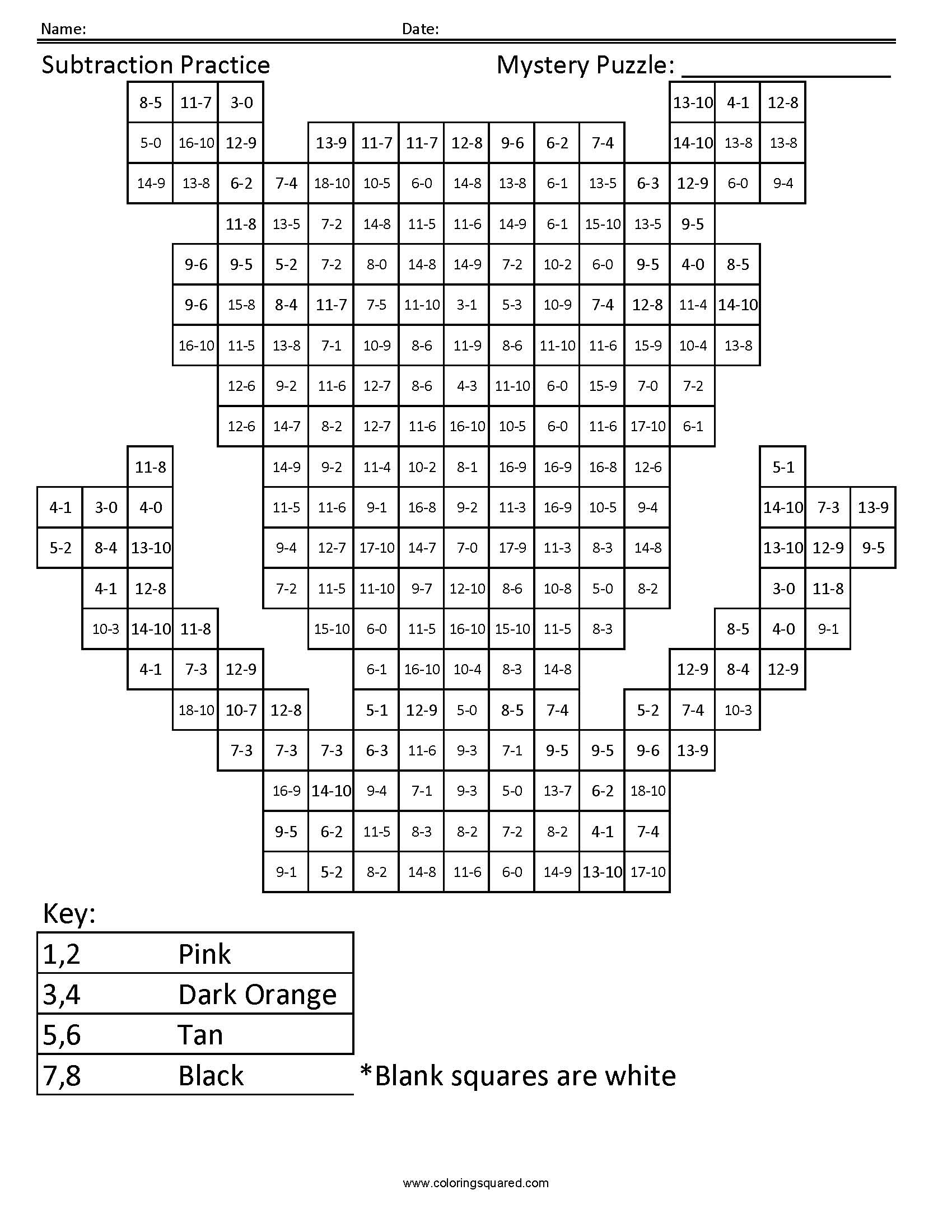 Tigger Mystery Subtraction Coloring worksheet