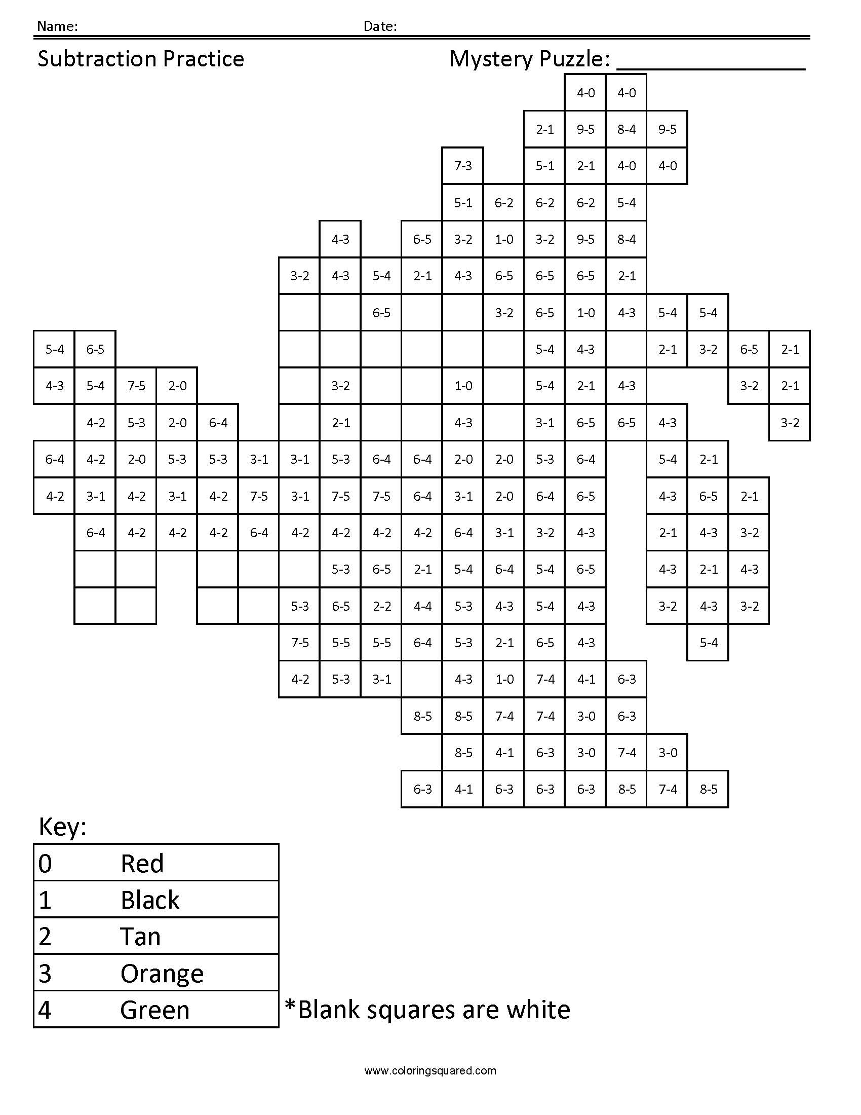 Goofy Subtraction Mystery Coloring Puzzle worksheet