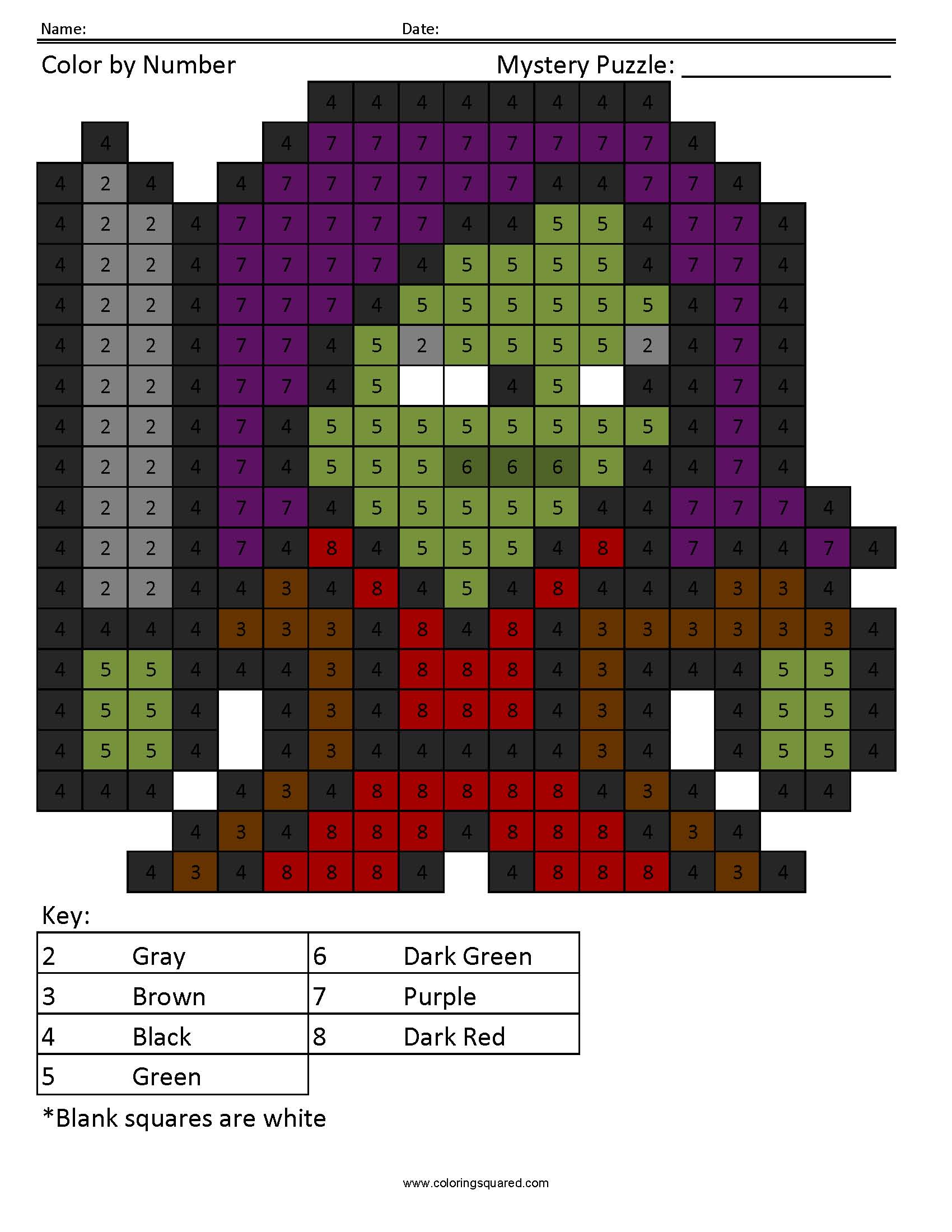 Gamora Mystery Color by Number Puzzle answer key