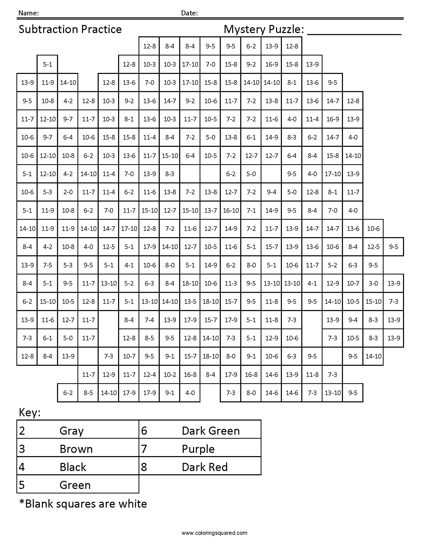 Gamora Mystery Subtraction Coloring Page worksheet