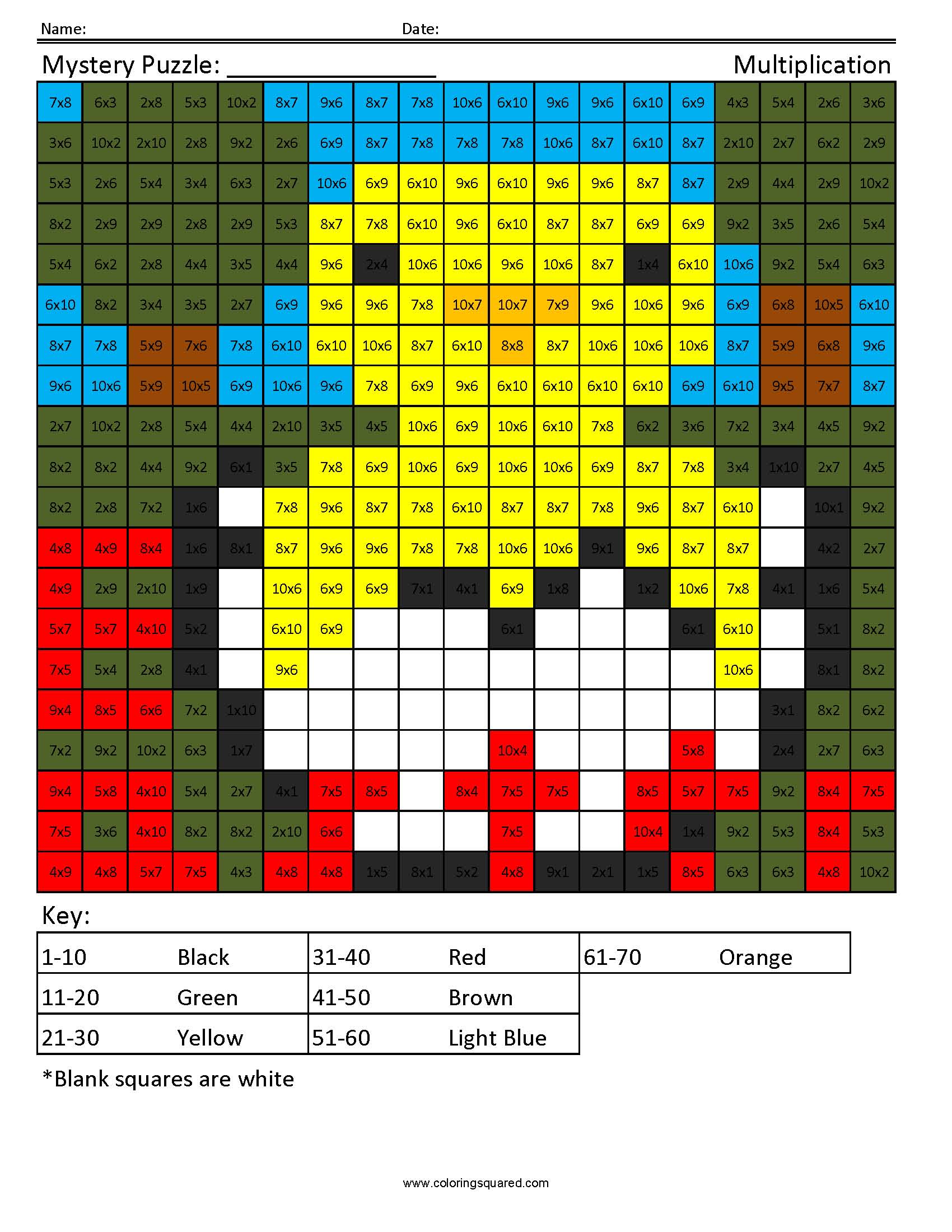 Easter Multiplication Coloring answer key