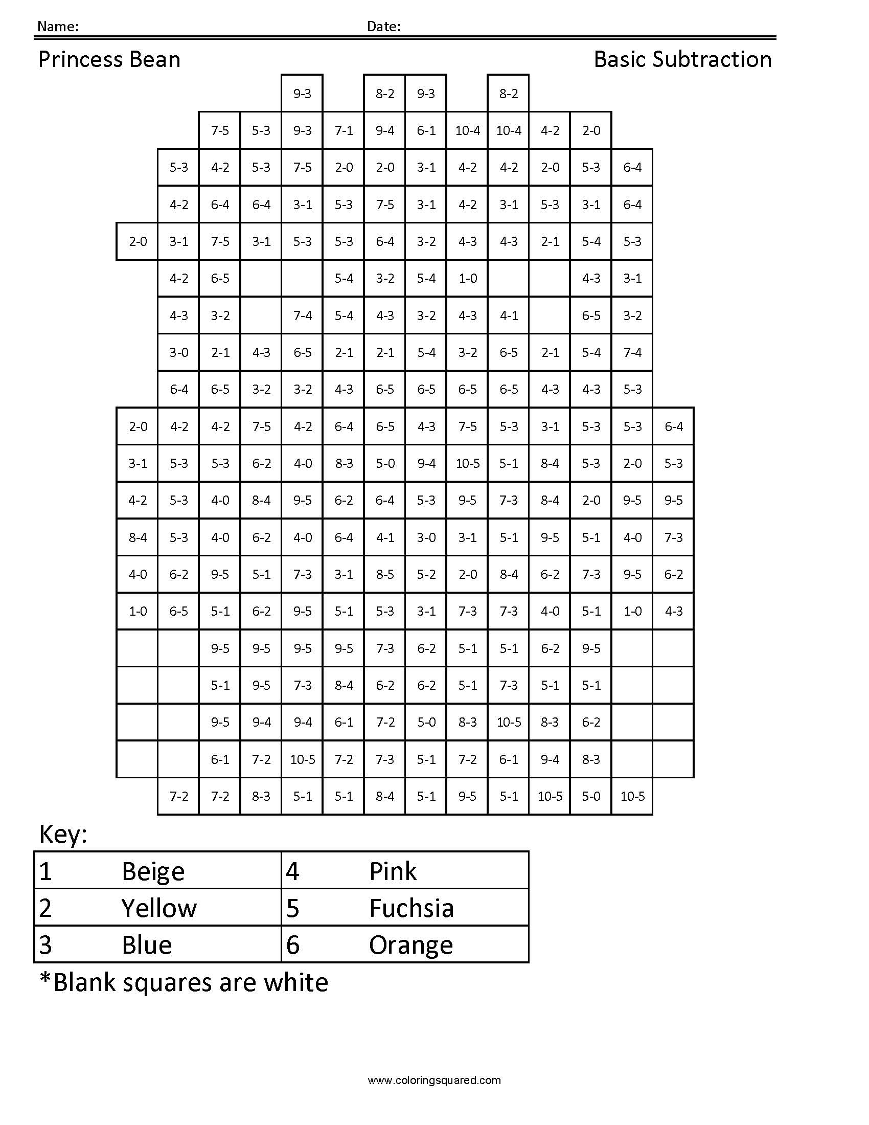 Princess Bean Subtraction Math Coloring Page worksheet