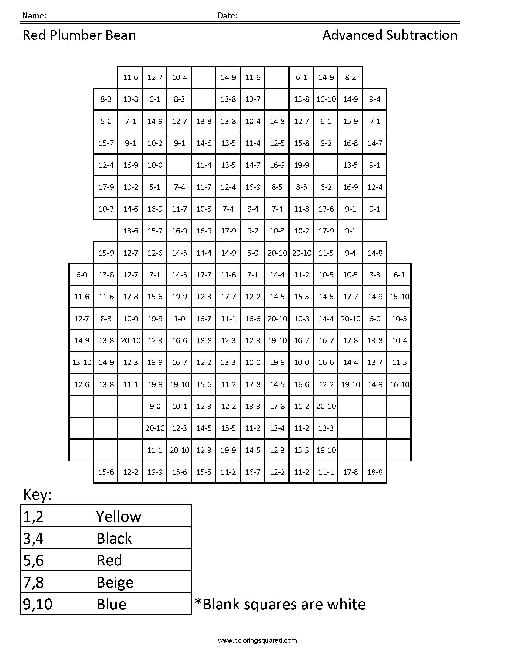 Red Plumber Bean Subtraction Math Coloring Page worksheet