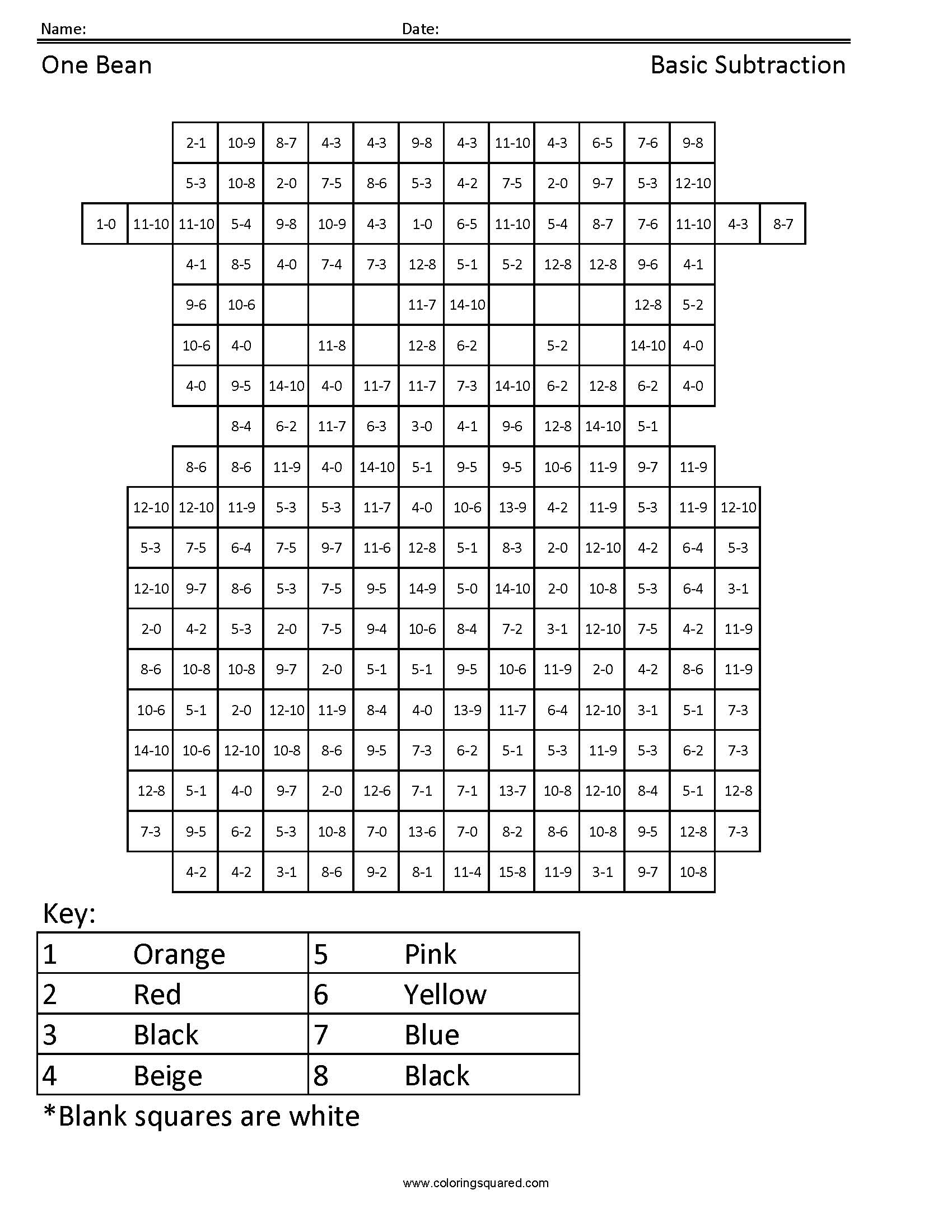 One Bean Subtraction Math Coloring Page worksheet