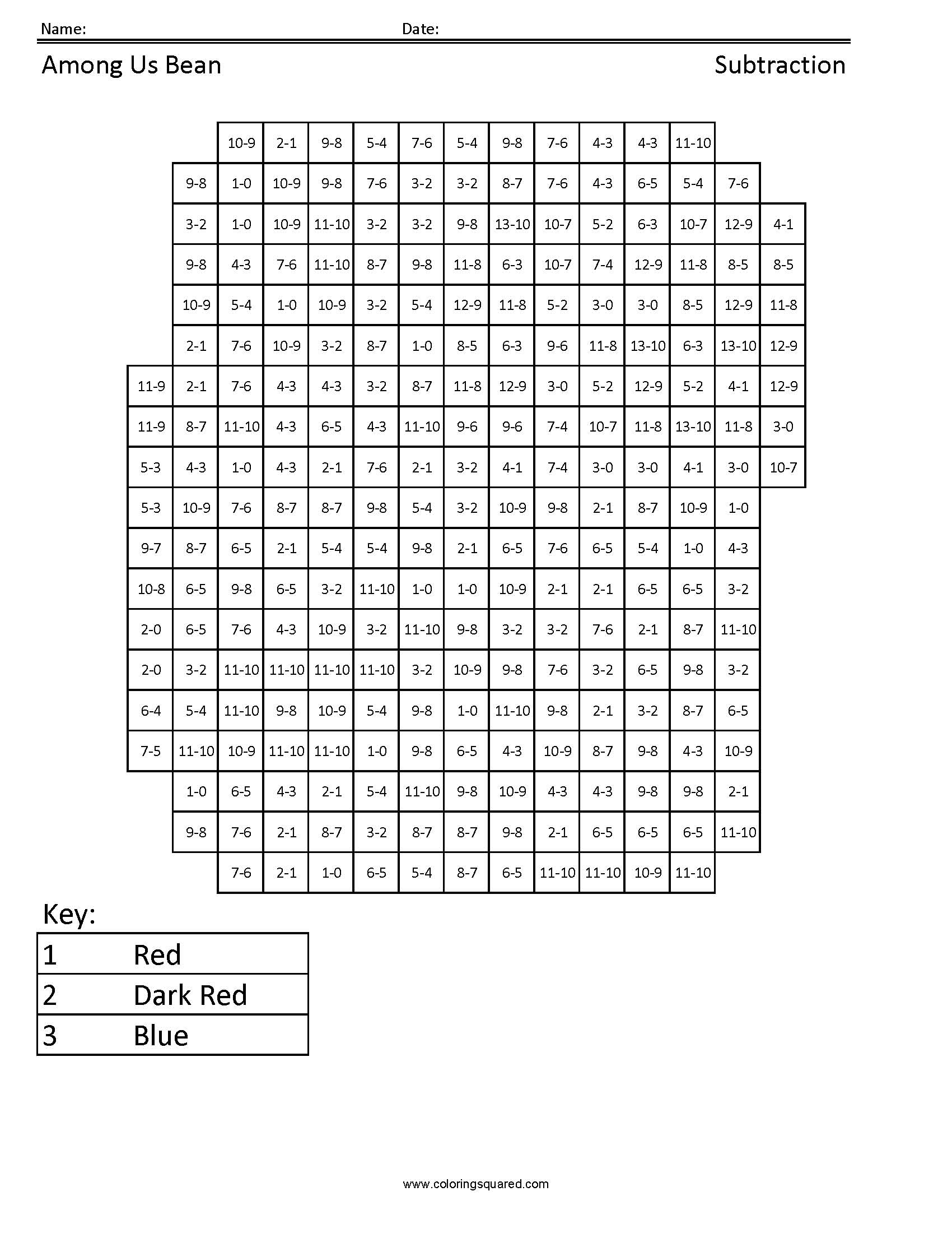 Among Us Bean Subtraction Math Coloring Page worksheet